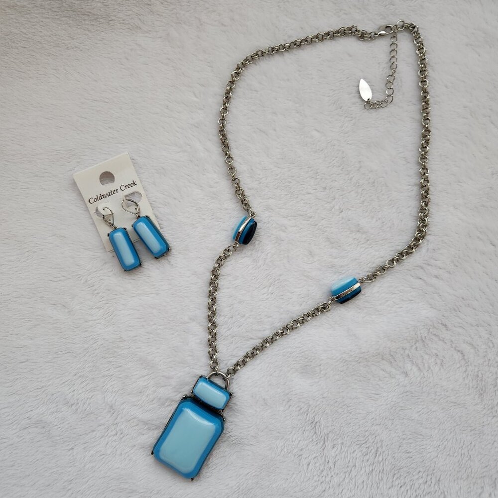 Coldwater Creek Silver Necklace and Earrings Blue Colorblock EUC - Picture 2 of 4
